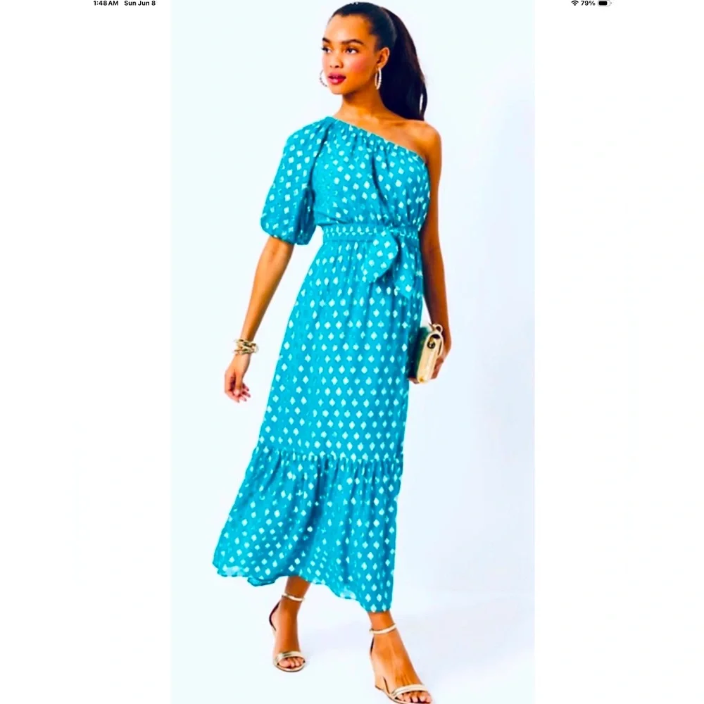 Lilly Pulitzer NWT Zelalynn One-Shoulder Maxi Dress Blue Rhapsody PP Size 4 - Picture 7 of 9